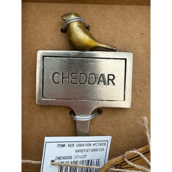 Boxed Set of Four UrbanFarm Metal Cheese Markers with Brass Colored Birds - Picture 4 of 8